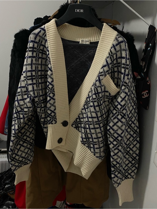 Saint Laurent Sweaters - Saint Laurent Cream & Navy Geometric Knit Cardigan